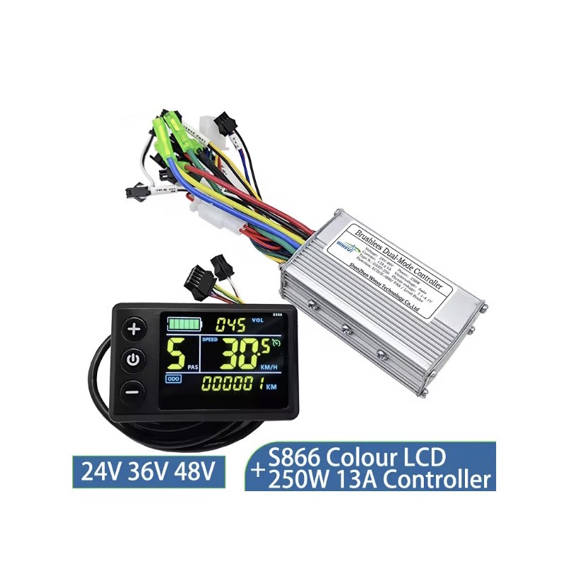 S866 Controller and Display Kit for Electric Bicycle - 24v, 36v, 48v - 250w, 350w 500w 13a, 15a, 22a  - 1 High-reliability brush